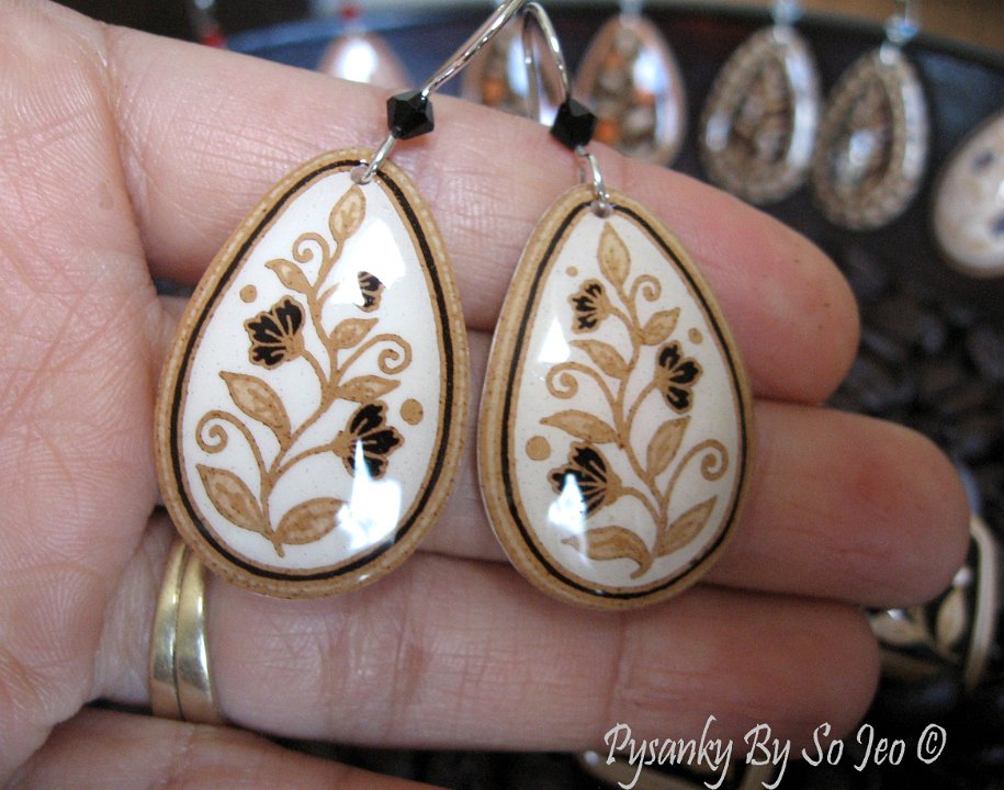 White & Black Spring Vines Teardrop Earrings Pysanky Jewelry by So Jeo